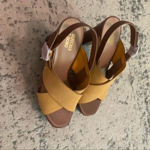 Bleecker and platform wood block heel square toe heeled sandals yellow 7.5